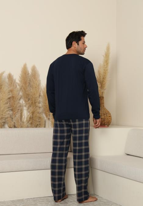 Pijama Barbati ,Maneca si Pantaloni Lungi, Culoare Bleumarin cu Crem,Engros